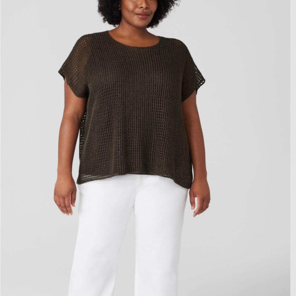 Eileen Fisher Espresso Open-Weave Crewneck Tunic